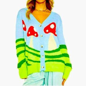 Mushroom Patterned Blue and Green Cardigan